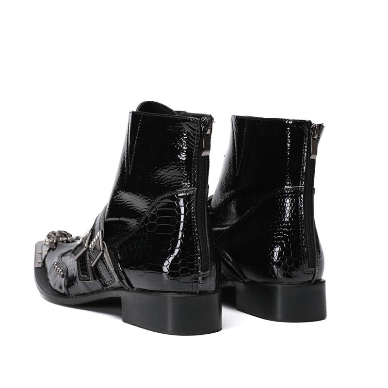 Luxury Patent Leather Metal Pointed Toe Boots for Men / Trendy Male Lace Up Ankle Boots with Buckle - HARD'N'HEAVY