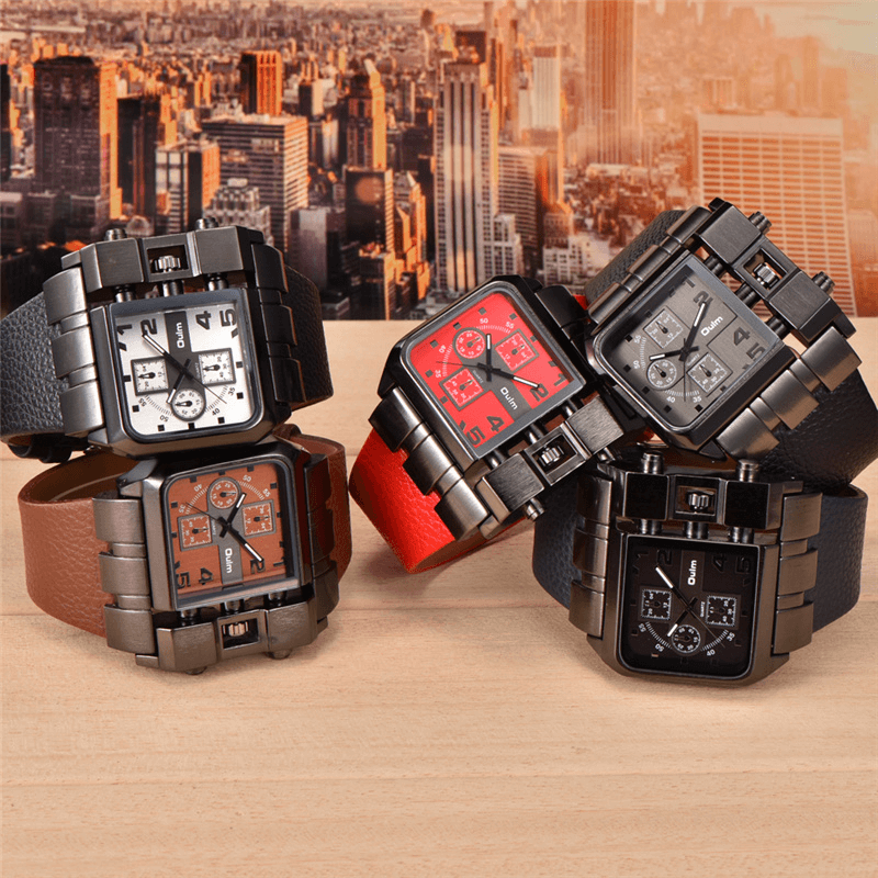 Stylish luxury square dial wristwatches in various colors, showcasing unique designs and wide straps, perfect for any occasion.