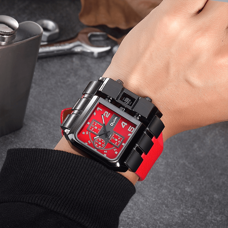 Luxury square dial quartz watch with unique design and bold red strap, perfect for making a fashion statement.