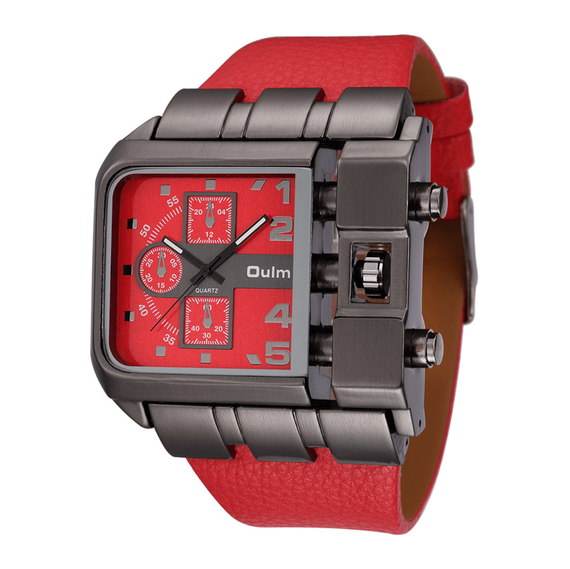 Luxury square dial quartz wristwatch with red strap, featuring a bold geometric design and stylish sophistication.