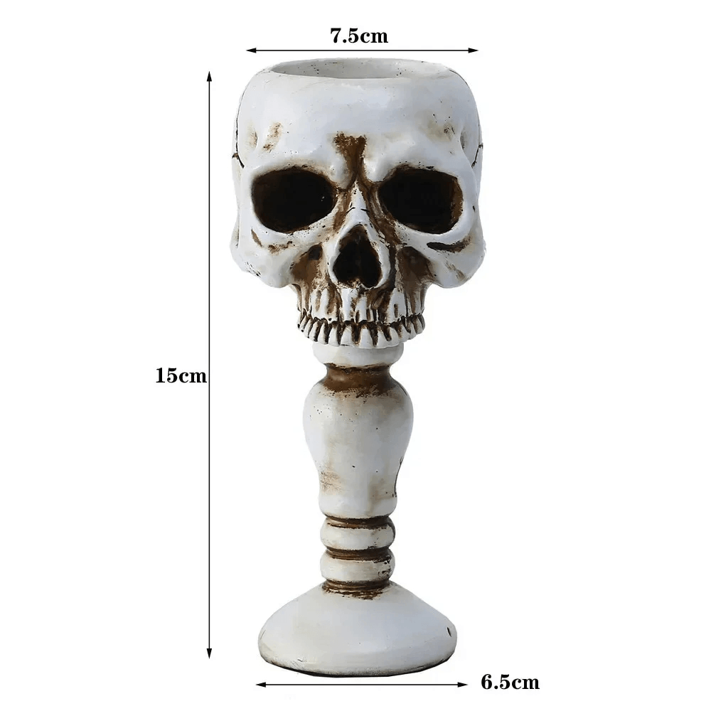 Macabre Skeleton Candle Stand for Haunted Decor - Gothic skull candlestick holder with hollow eyes and aged bone tones.