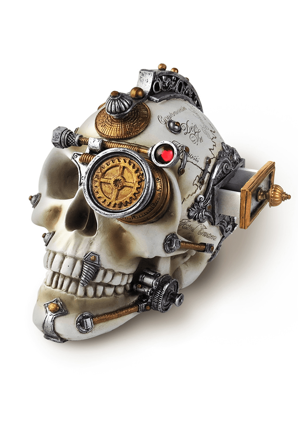 Macabre steampunk skull ornament with gears and hidden drawer, ideal for gothic decor lovers.