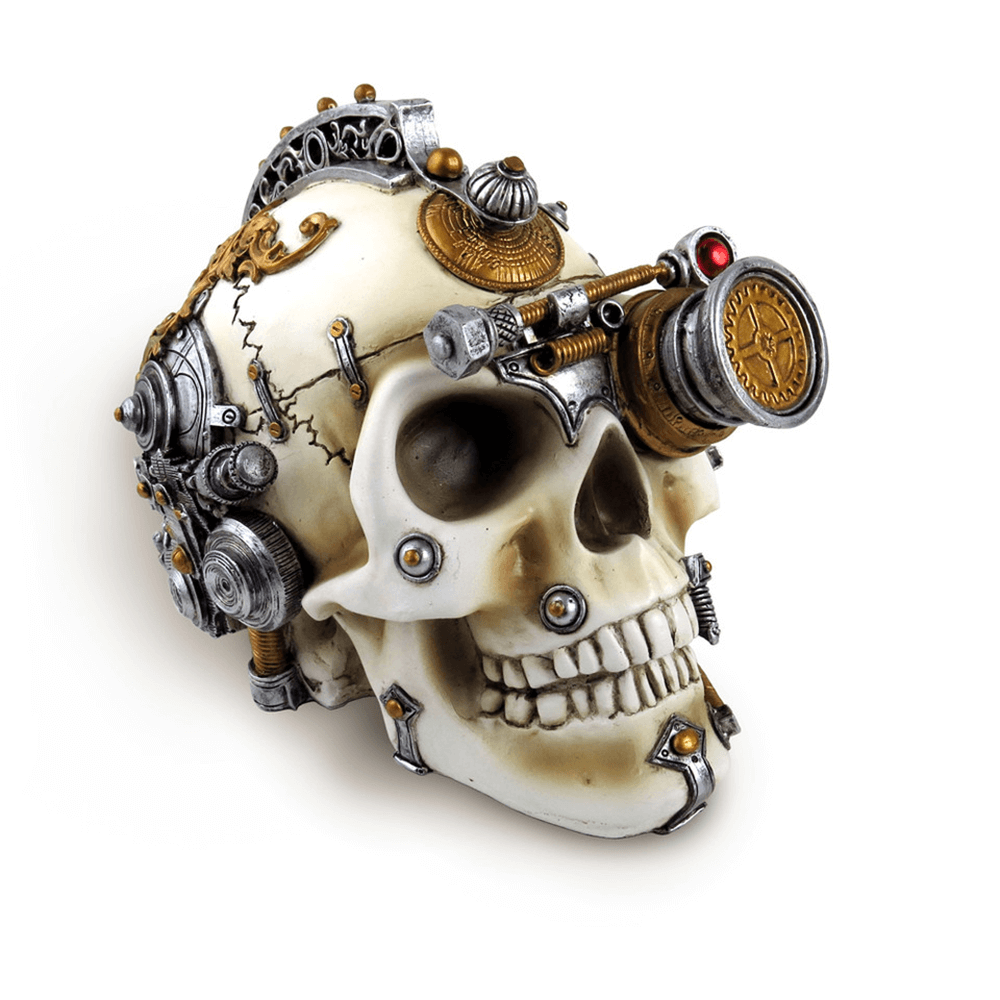 Steampunk skull ornament with intricate gears and hidden drawer, perfect for gothic decor.