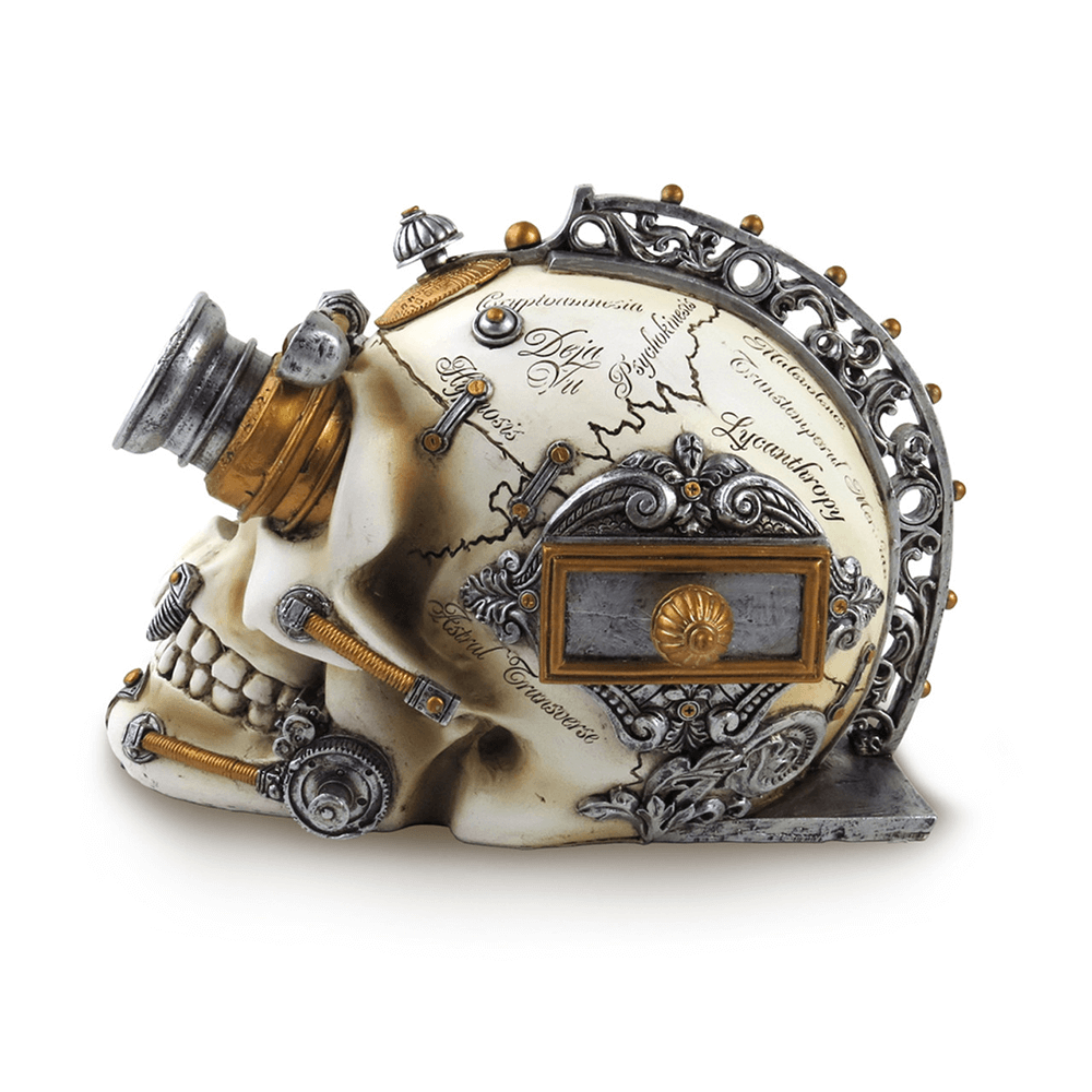 Steampunk skull ornament with hidden drawer, featuring intricate gears and Victorian design elements.