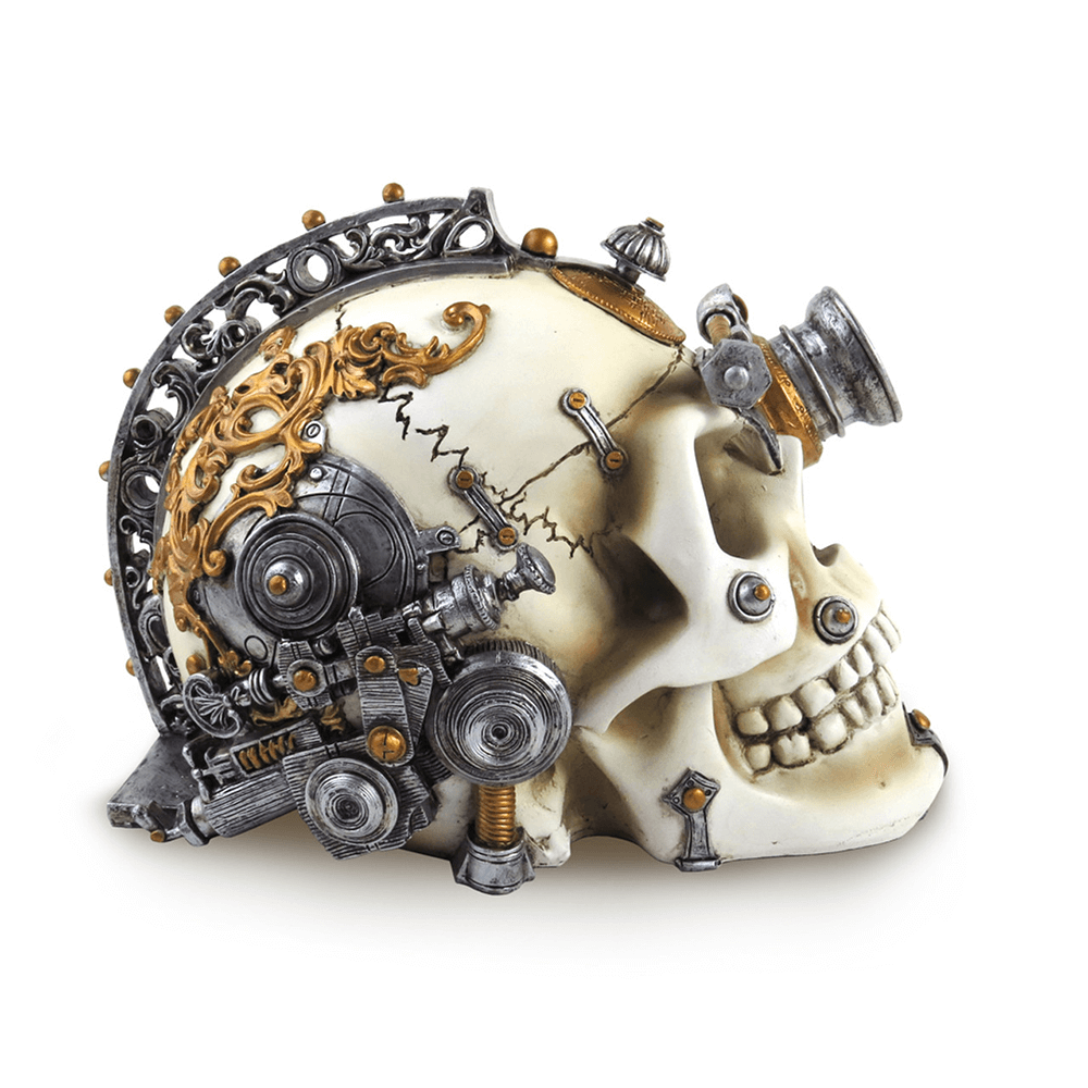 Macabre steampunk skull ornament with intricate gears and hidden drawer for gothic decor.