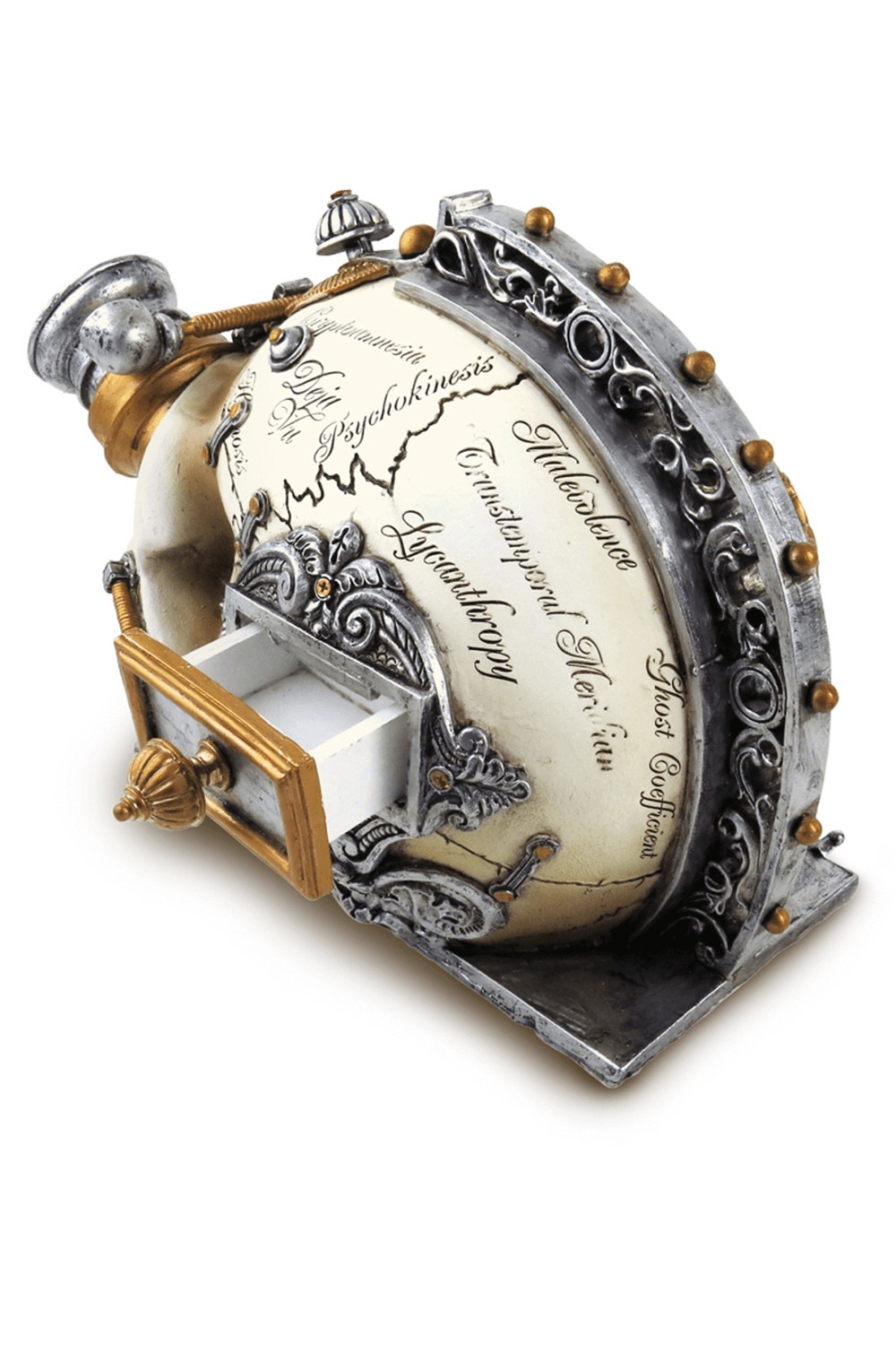 Macabre steampunk skull ornament with hidden drawer, intricate design with gears and lenses, perfect for gothic decor.