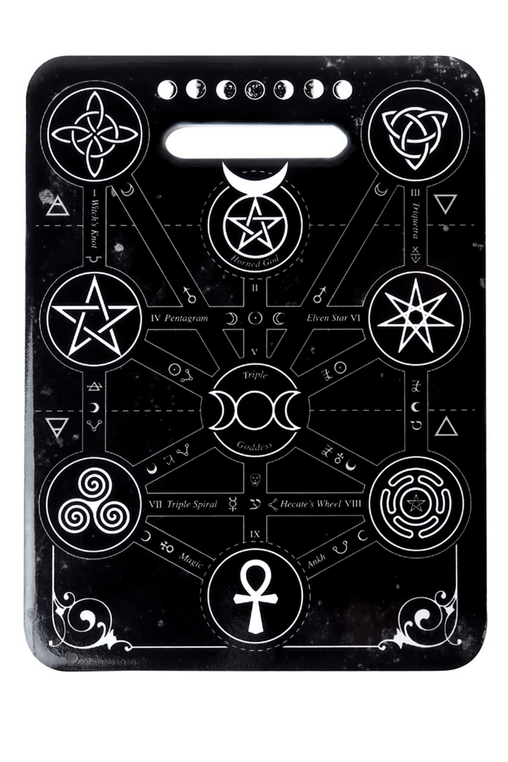 Magic symbols chopping board for witches, featuring alchemy designs and occult motifs in a stylish black trivet.