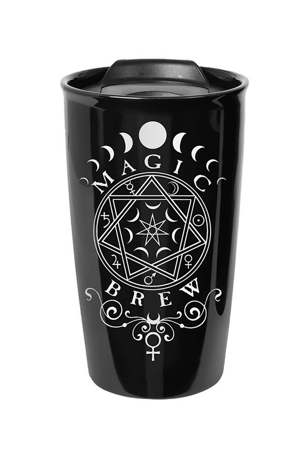 Sleek black travel mug with occult design and 'Magic Brew' text, perfect for coffee lovers and witchy souls.