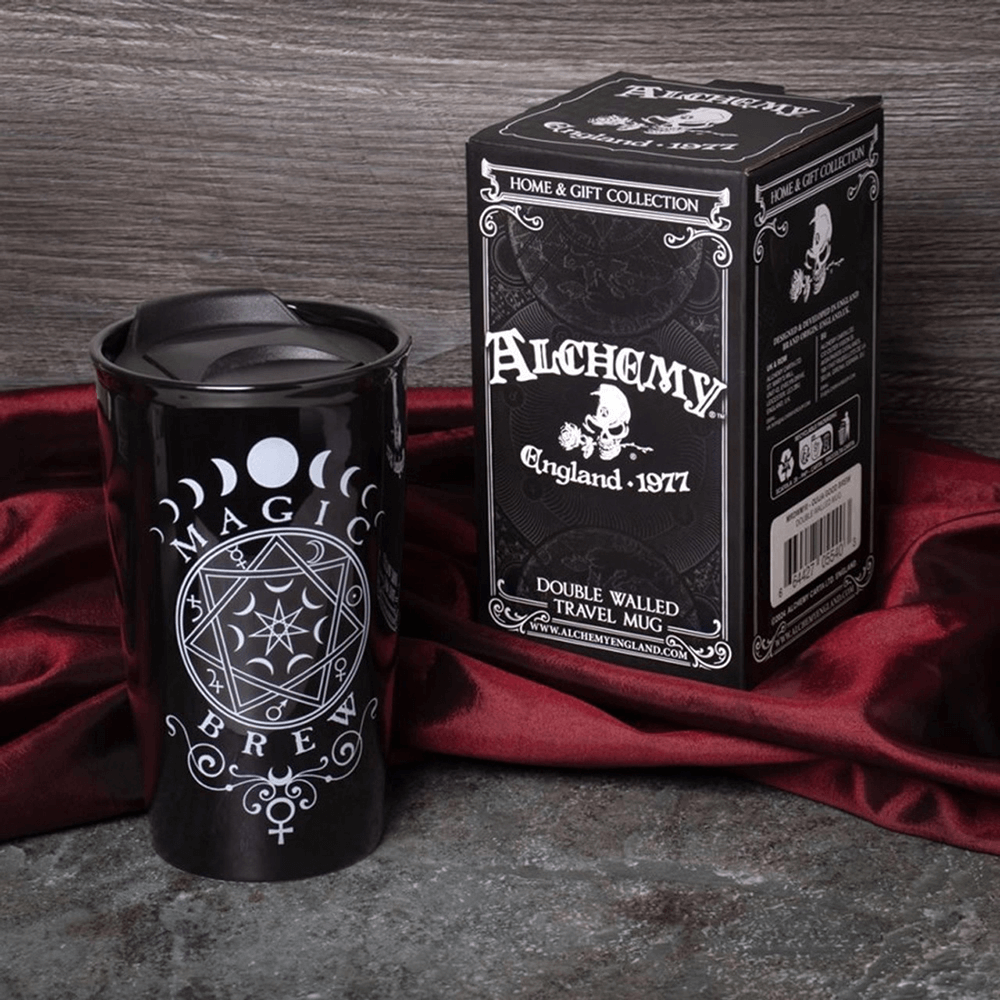 Alchemy Magic Brew Travel Mug with occult design, double-walled for hot or cold drinks, sleek black ceramic.