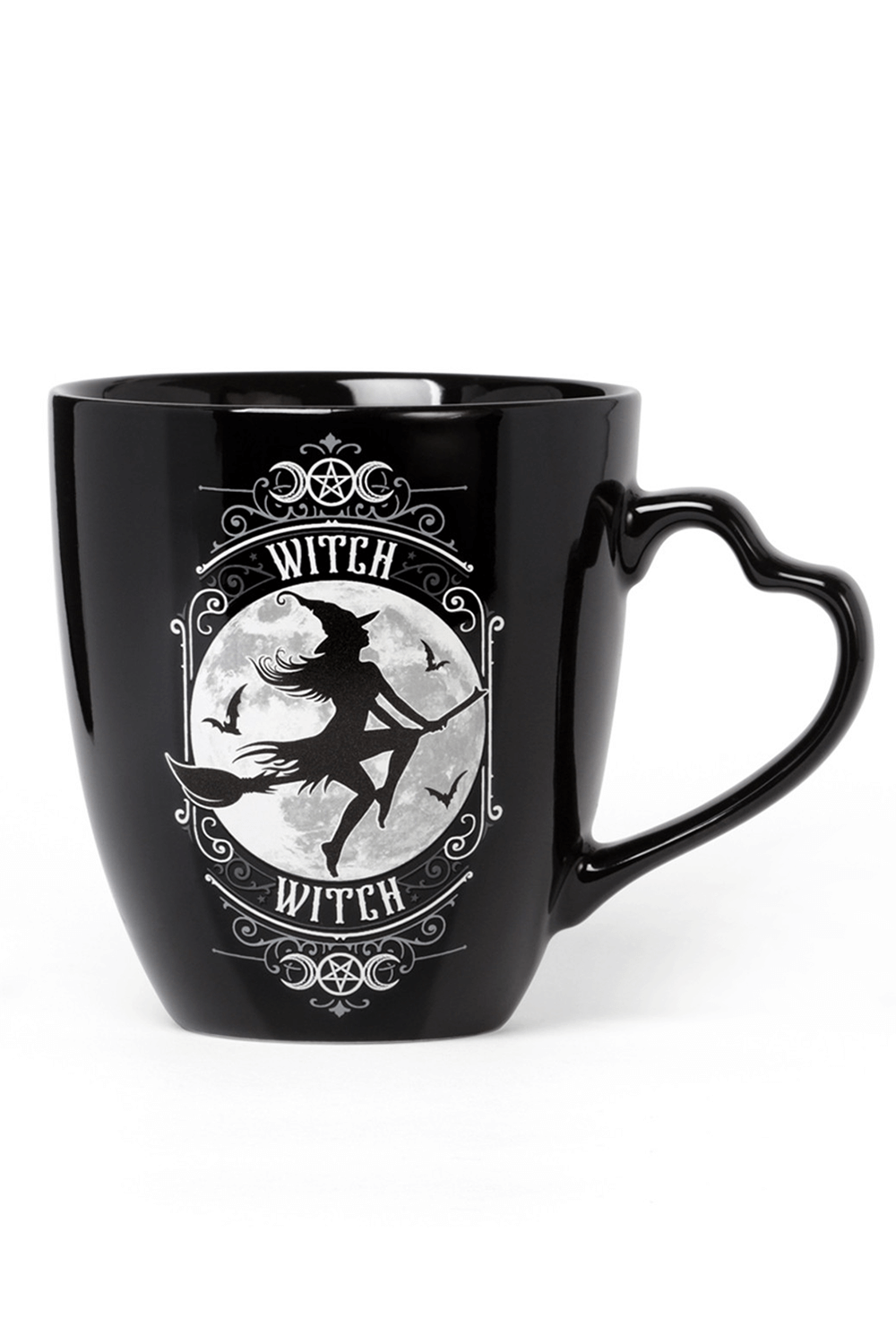 Magical double-sided witch mug with heart handle and flying witch design against a full moon backdrop.