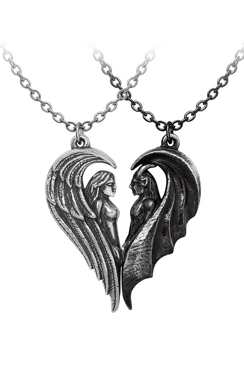 Magnetic Angel and Demon Dark Companions Pendant showcasing the union of light and dark in a heart design.
