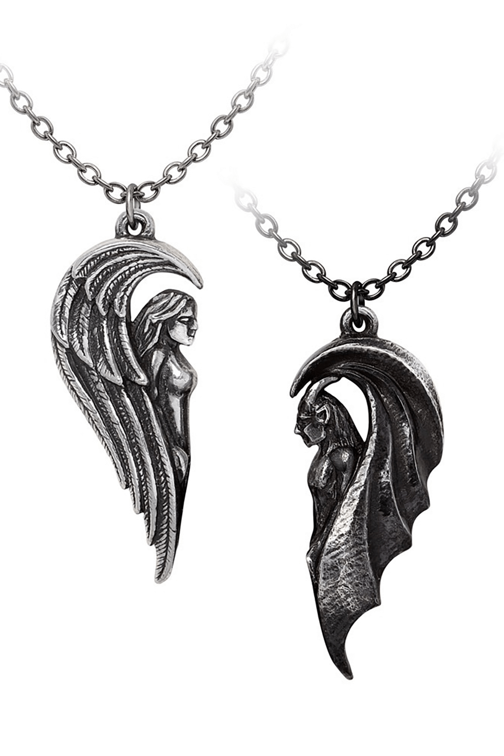 Magnetic Angel and Demon Dark Companions Pendant showcasing angel and demon designs in antiqued silver and blackened pewter.