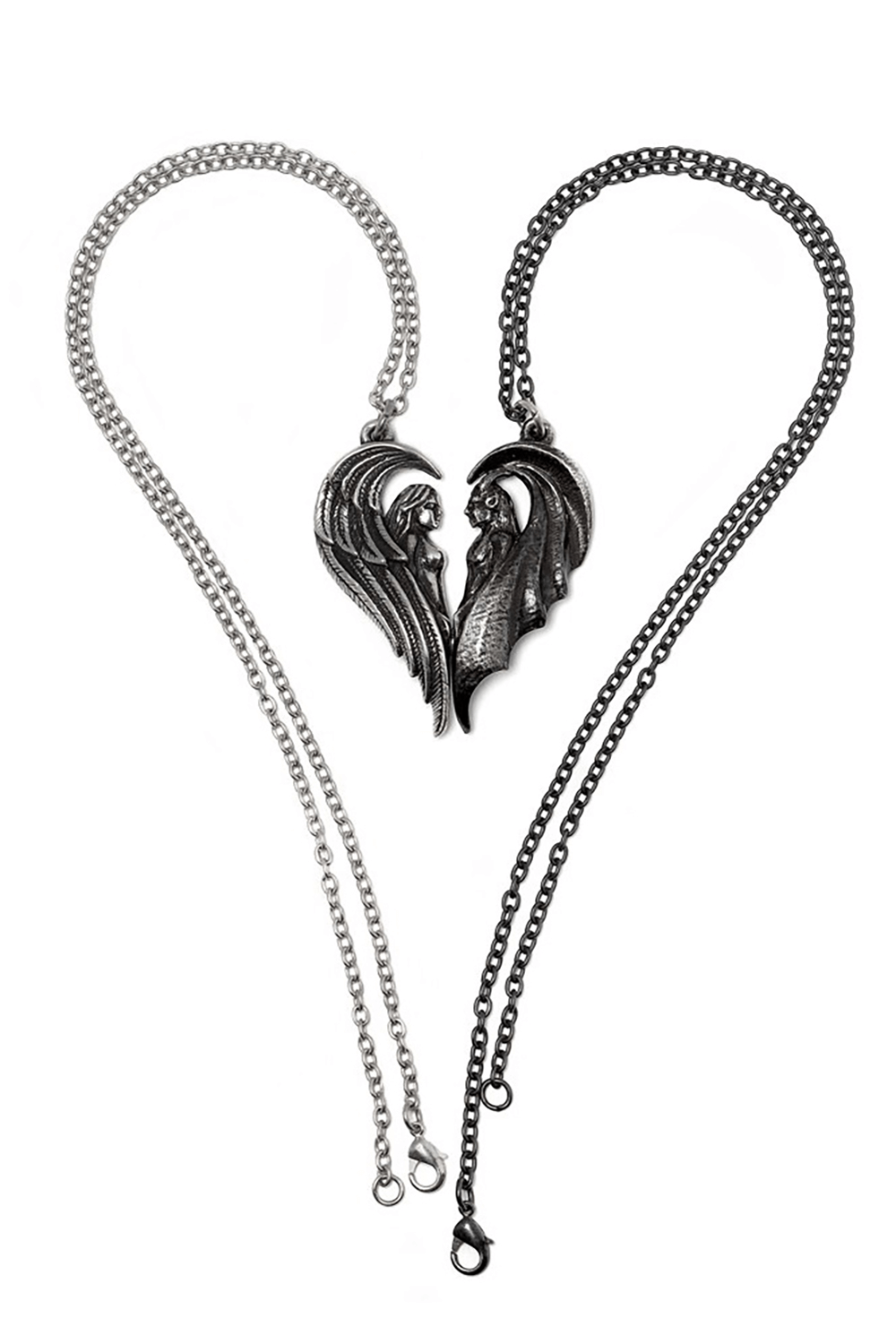 Magnetic Angel and Demon Dark Companions Pendant showcasing a silver-toned angel and blackened demon in a unified heart design.