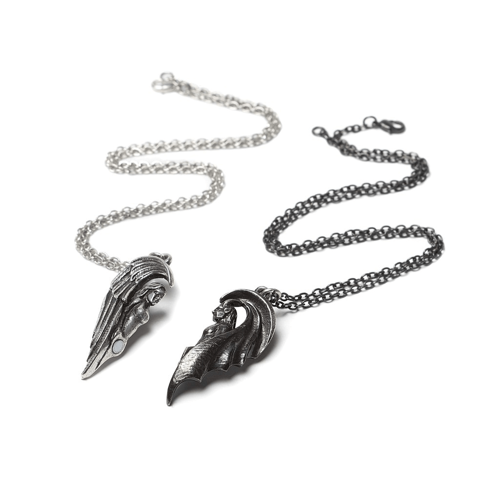 Magnetic Angel and Demon Dark Companions Pendant showcasing silver and black pewter halves on chains.