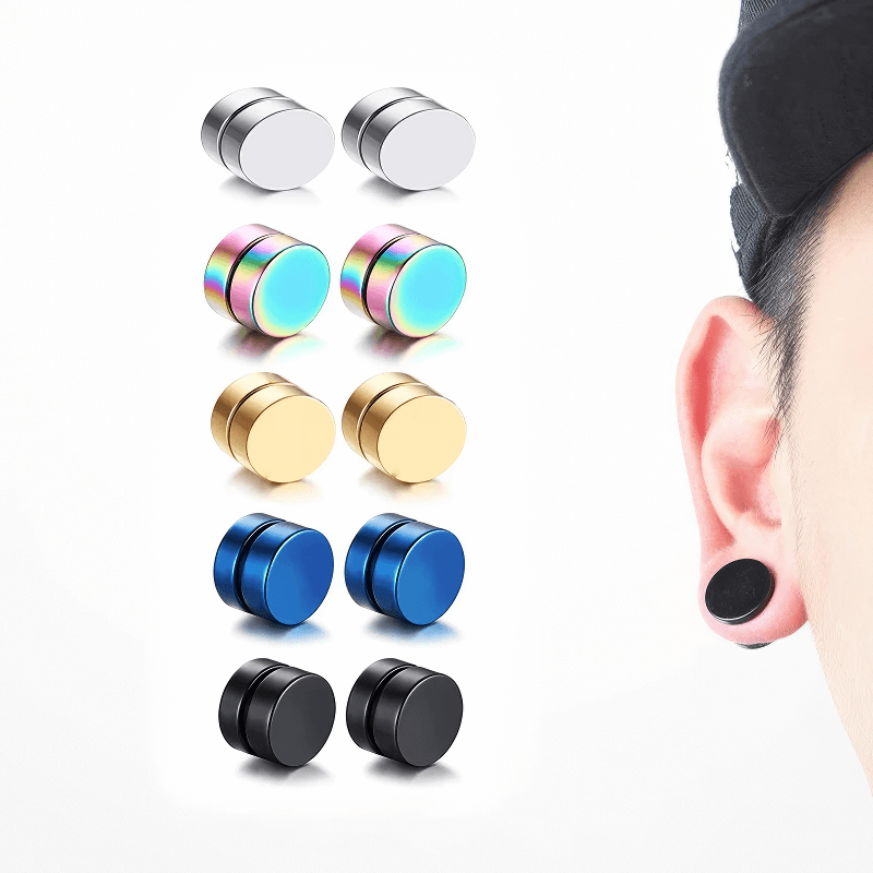 Magnetic stud earrings set in silver, blue, gold, and black, showcased with an ear model for stylish appeal.