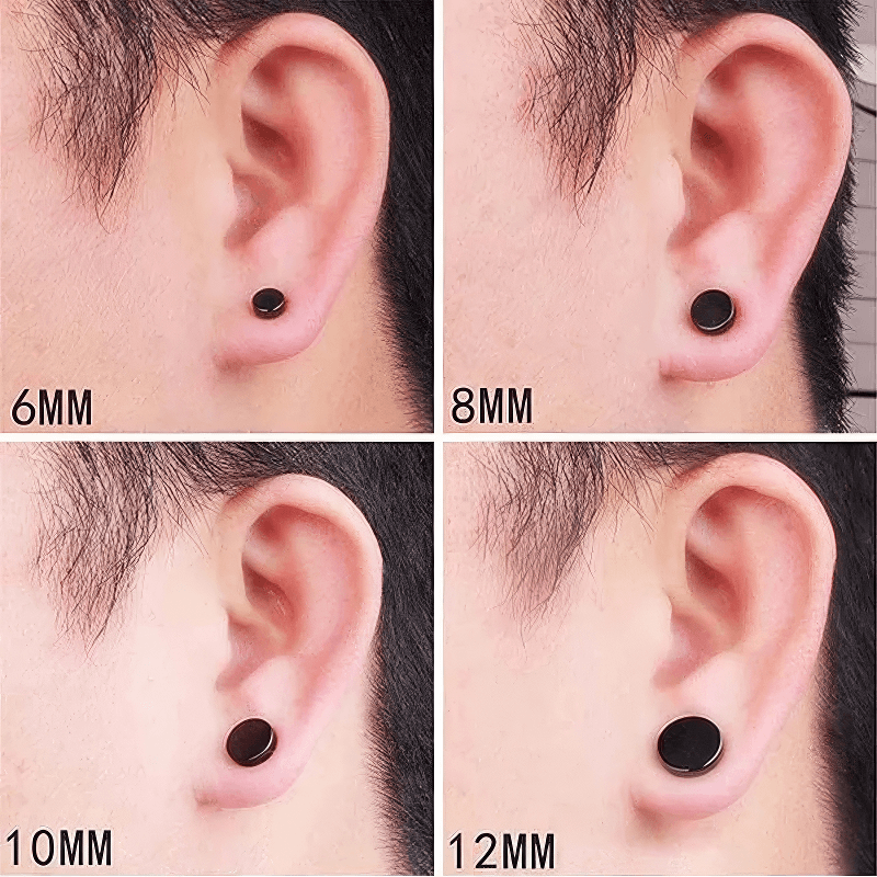Magnetic stud earrings showcased in various sizes: 6mm, 8mm, 10mm, and 12mm on a model's ear.