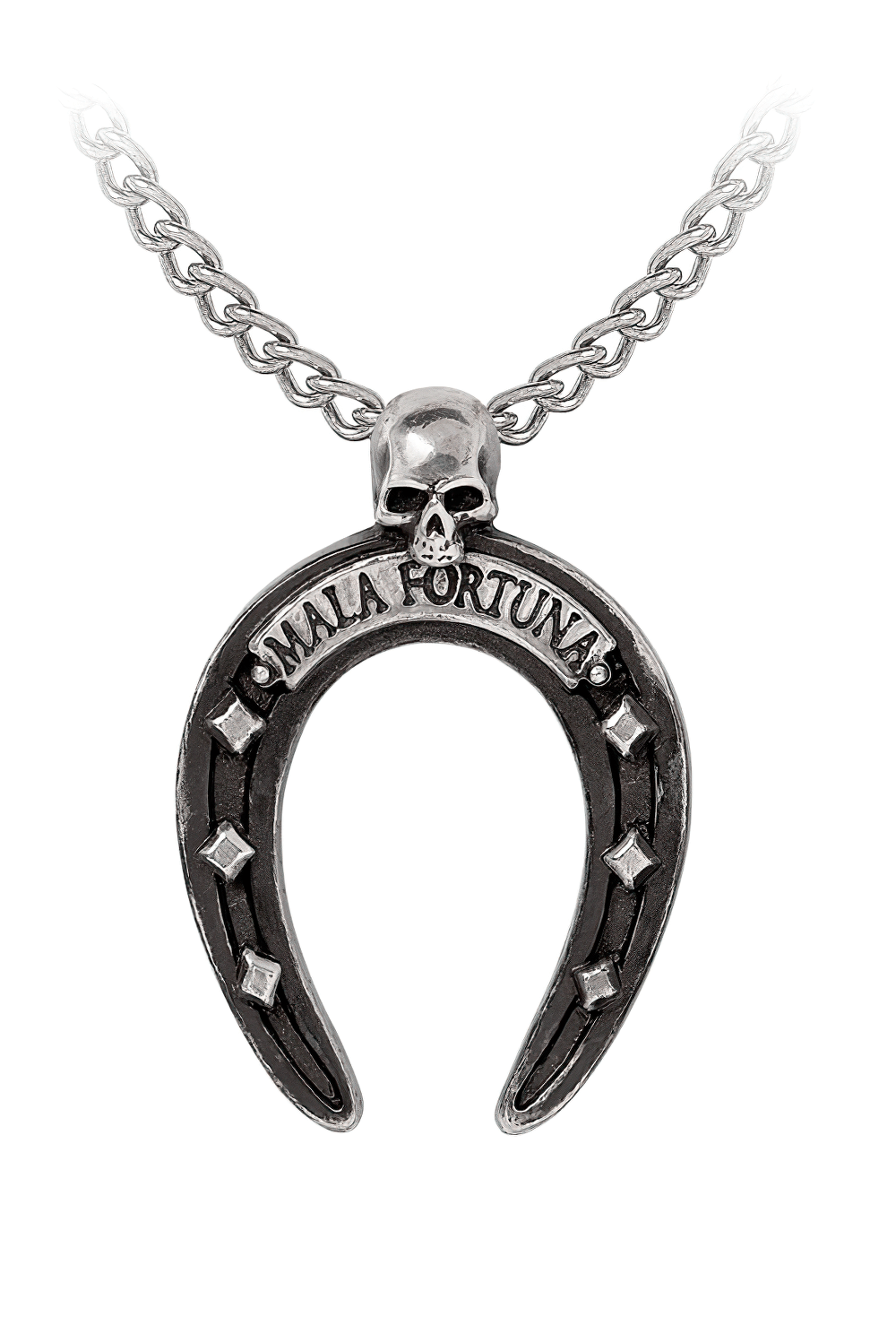 Mala Fortuna Upside-Down Horseshoe Pendant with Skull hanging on a chain.