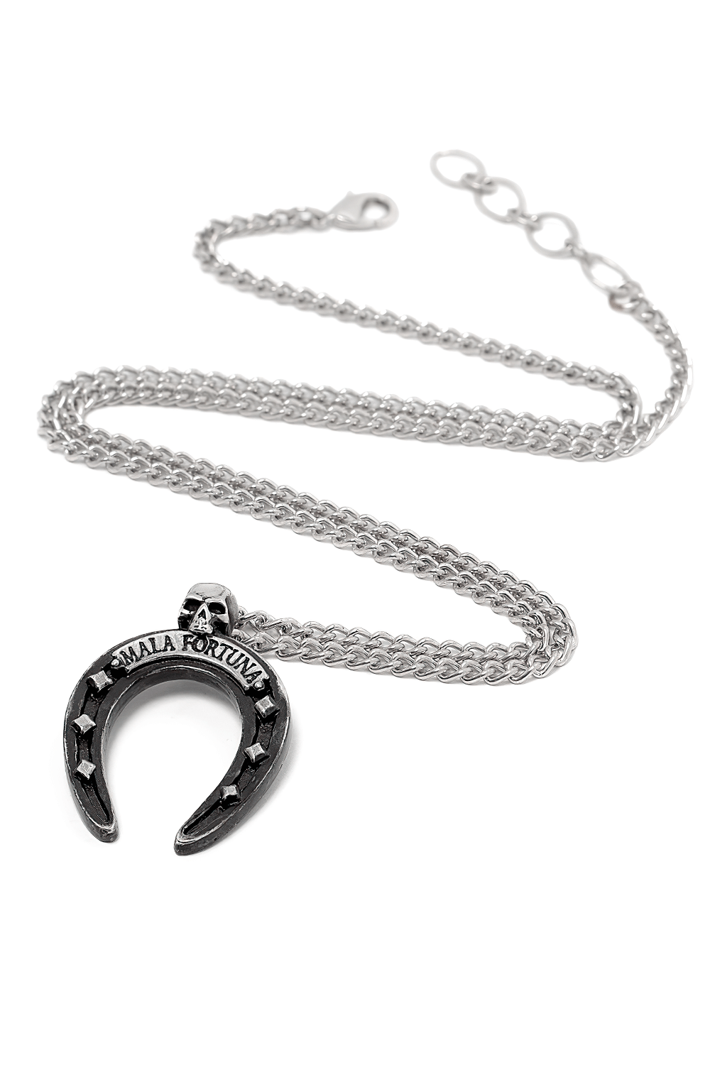 Mala Fortuna Upside-Down Horseshoe Pendant with Skull on silver chain, showcasing gothic jewelry style.