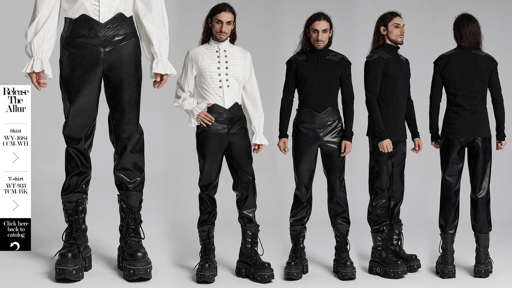 Male model wearing punk minimalist faux leather pants with 3D curved waistband and studded details, paired with bold boots.