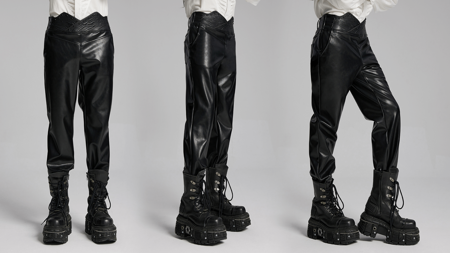 Male punk minimalist faux leather pants with studded 3D curved waistband, showcased in three angles.