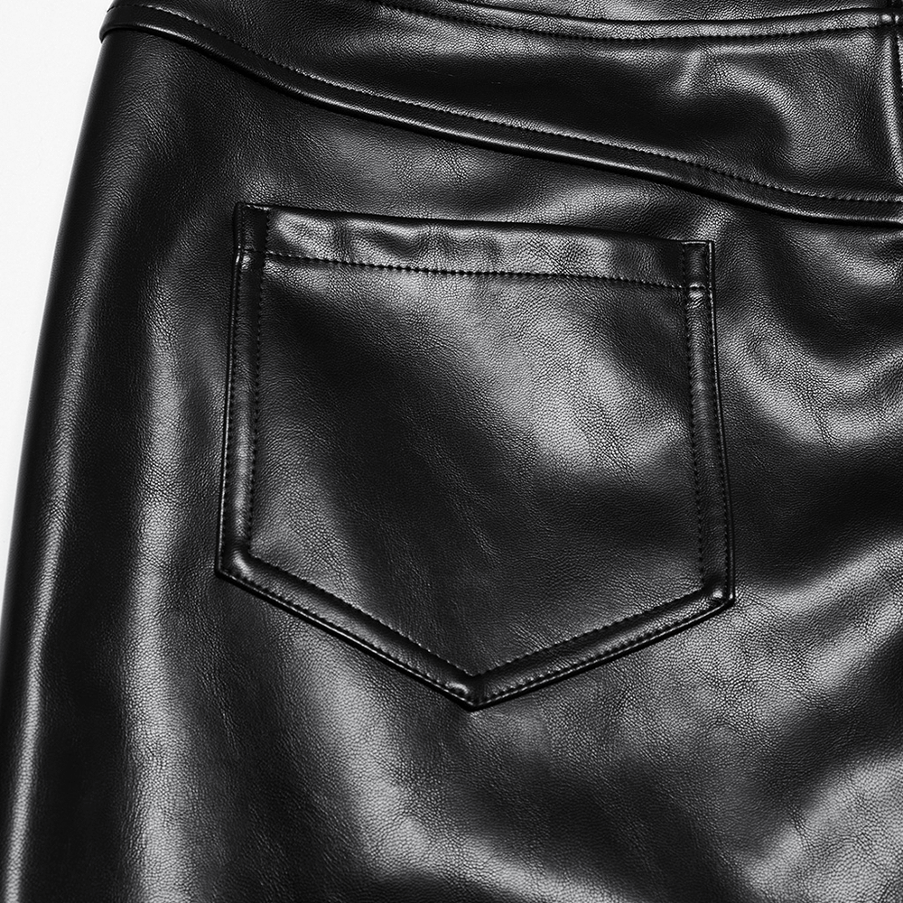 Close-up of the back pocket on male punk minimalist faux leather pants with a sleek black finish.