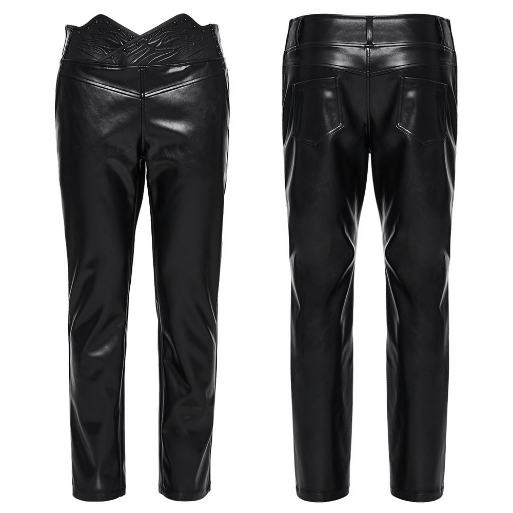 Male black faux leather pants with studded 3D curved waistband and practical pockets, showcasing punk minimalist style.