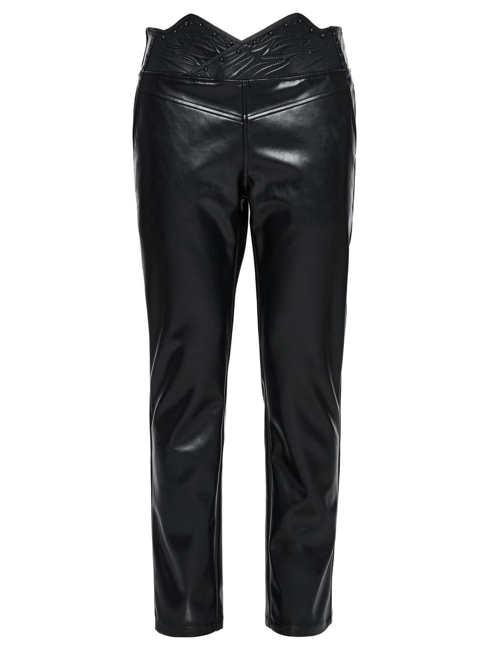 Male black faux leather pants with studded 3D curved waistband for a punk minimalist aesthetic.