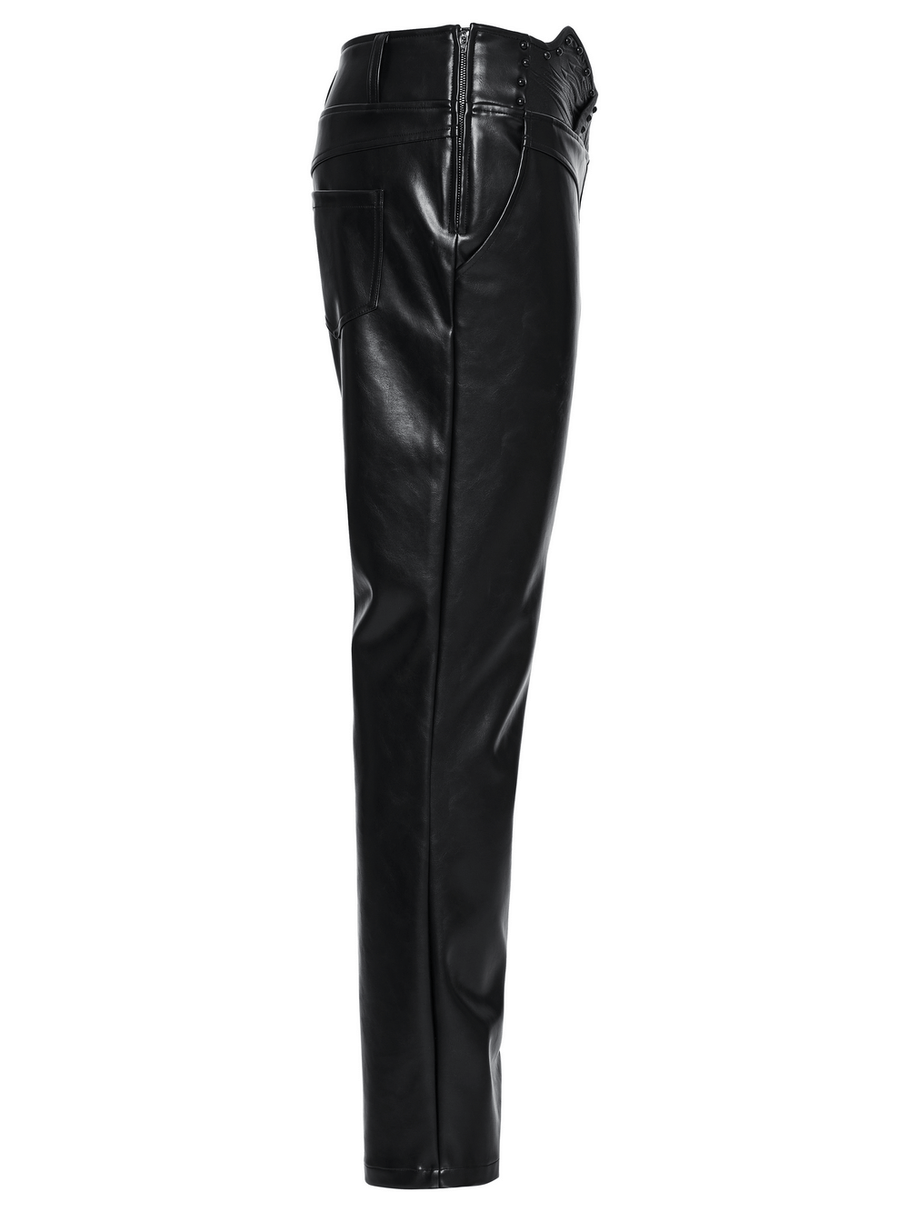 Side view of male punk minimalist black faux leather pants with 3D curved waistband and studded details.