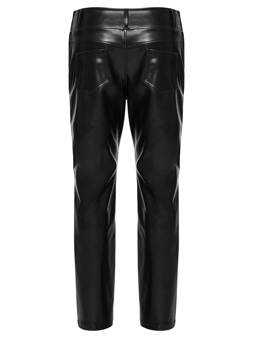 Back view of male black faux leather pants with studded 3D curved waistband and diagonal insert pockets.