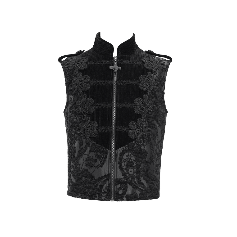 Elegant black brocade waistcoat with intricate embroidery and high collar, perfect for formal events and unique fashion flair.