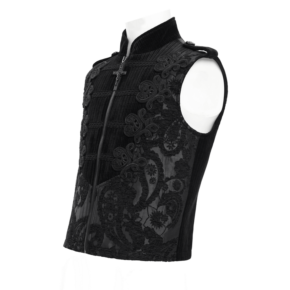 Elegant black brocade waistcoat with intricate embroidery and high collar, perfect for formal events and cosplay.