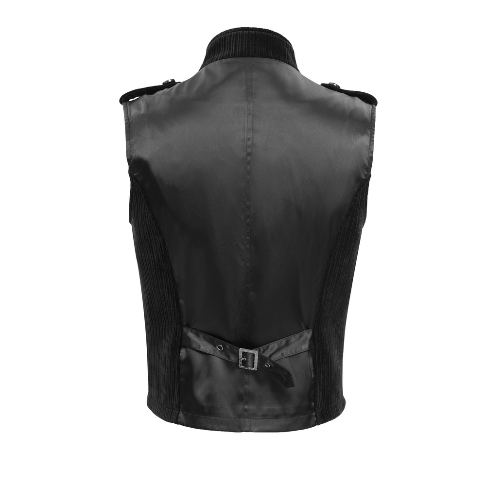 Back view of a sleek black brocade waistcoat with a high collar and adjustable belt for a stylish touch.