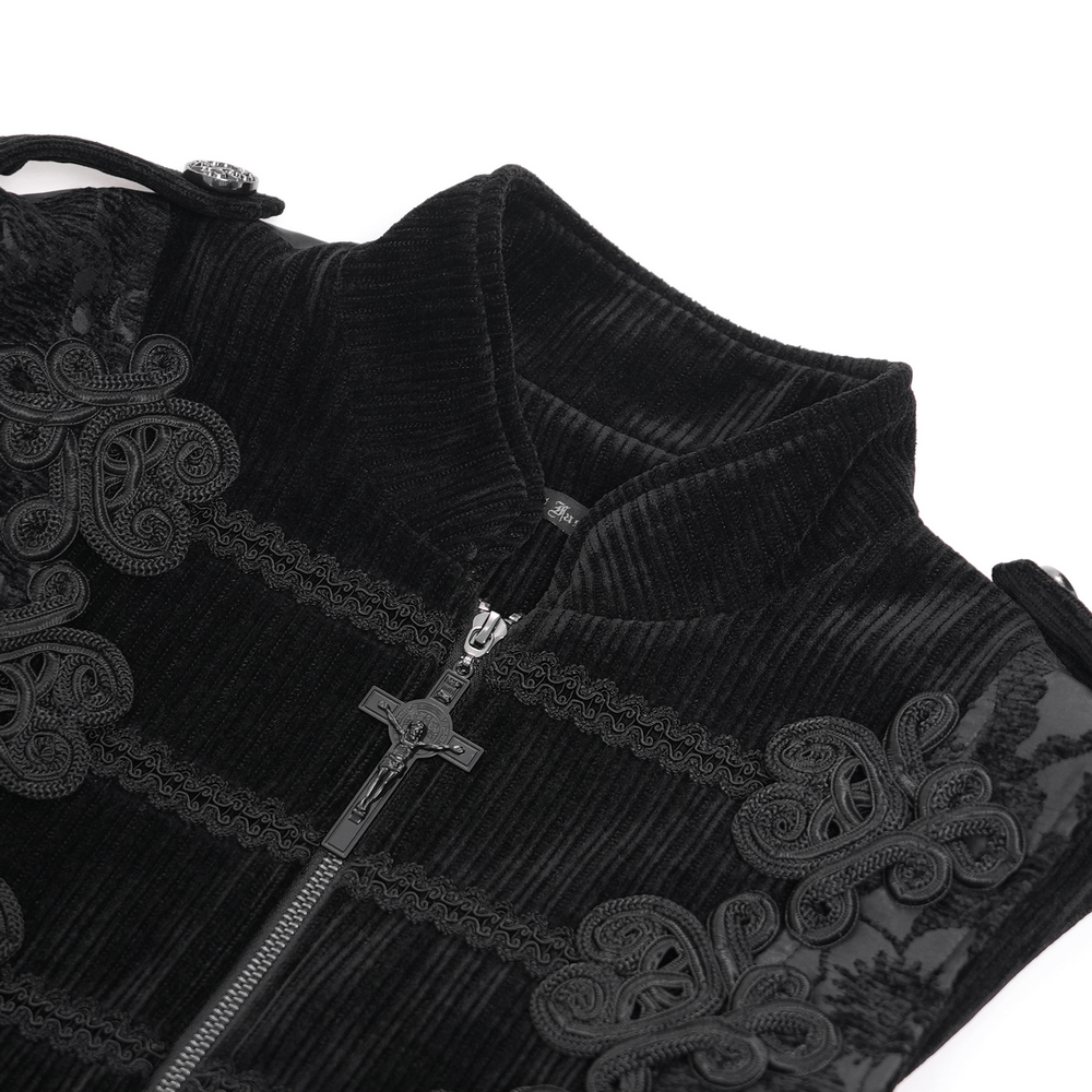 Elegant black brocade waistcoat with intricate embroidery and zipper closure, perfect for formal events and cosplay.