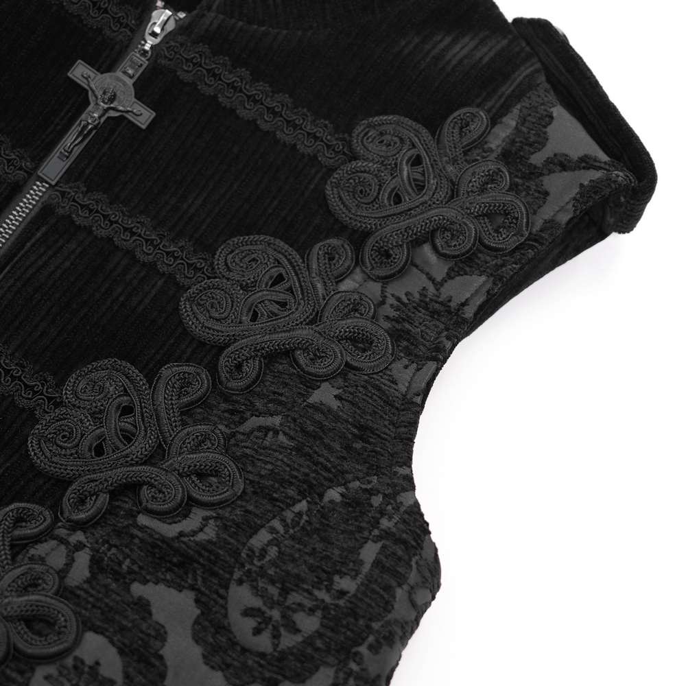 Close-up of black brocade waistcoat with intricate embroidered details and zipper closure for a gothic flair.