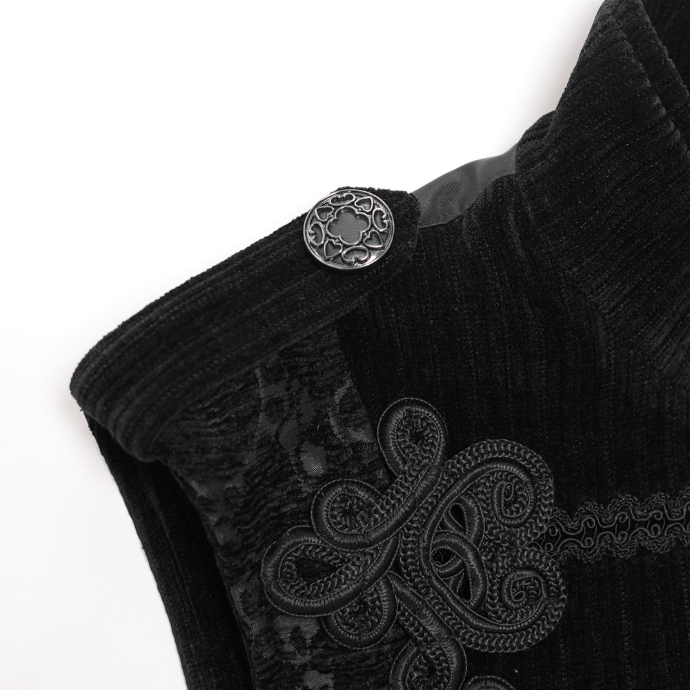 Elegant black brocade waistcoat shoulder detail with intricate embroidery and decorative button. Perfect for formal or gothic styles.