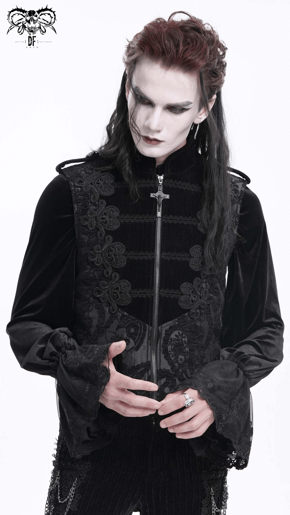 Male model showcasing a gothic black brocade waistcoat with embroidered details and a zipper closure, exuding elegance.