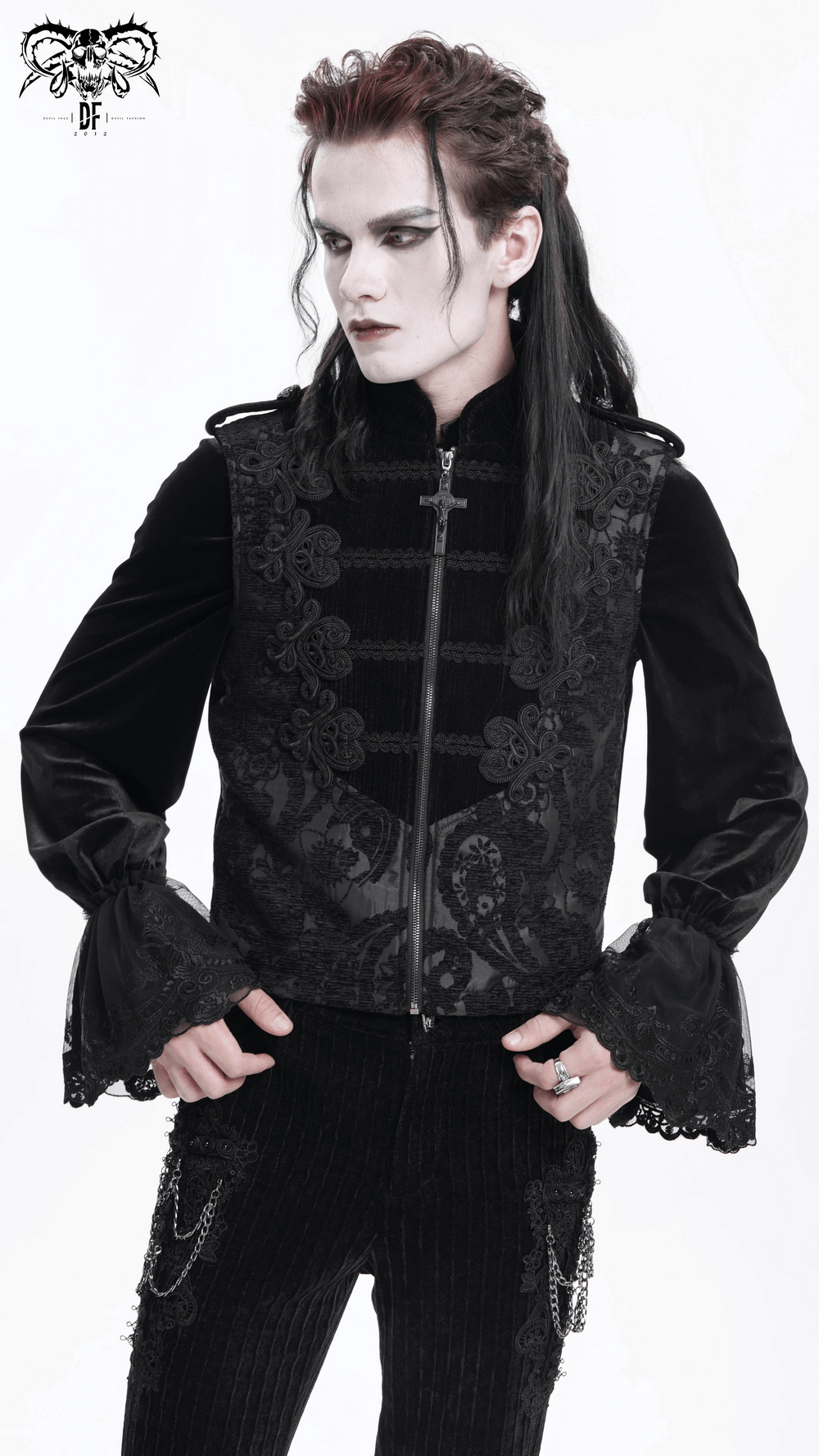 Elegant male modeling a black brocade waistcoat with intricate embroidery, perfect for gothic fashion and formal events.