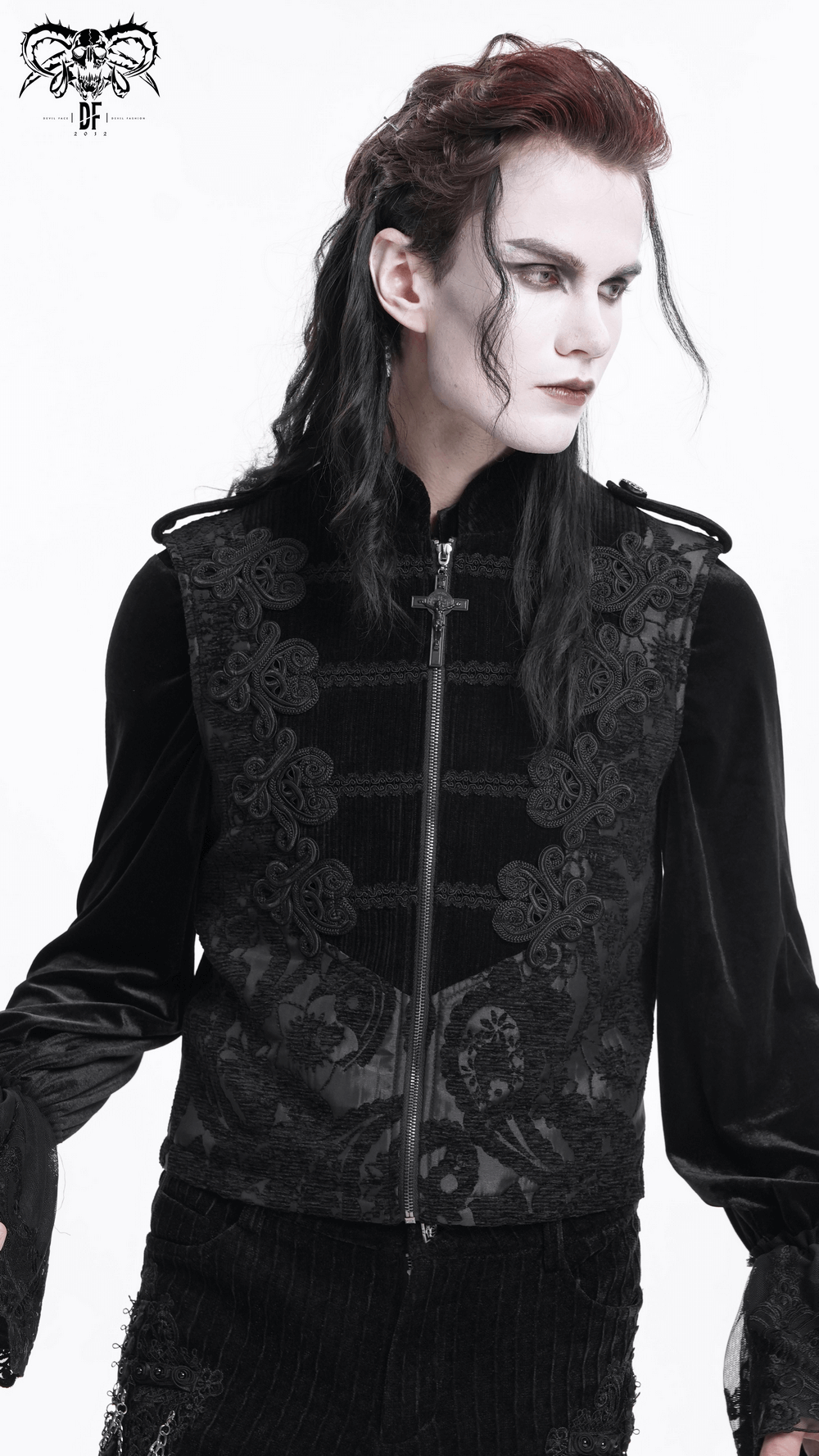 Elegant male model wearing a black brocade waistcoat with intricate embroidery and high collar, perfect for gothic fashion.