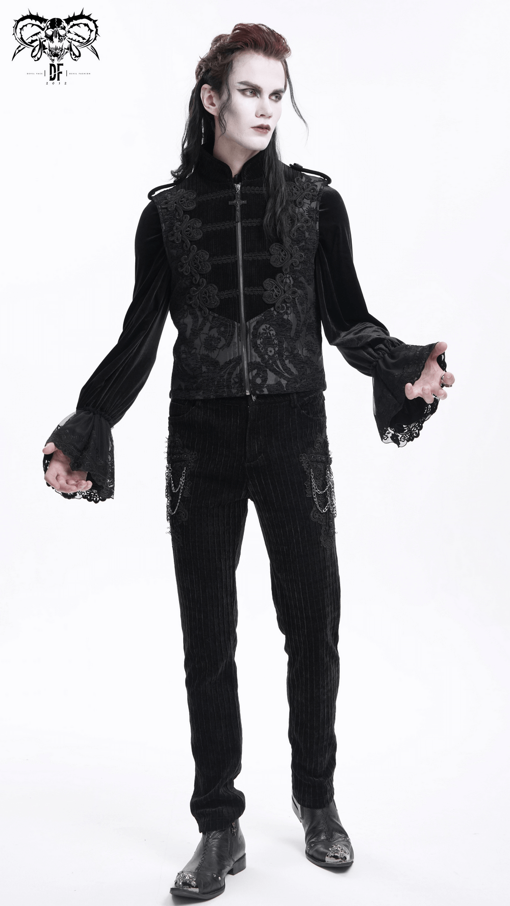 Elegant male model in gothic black brocade waistcoat with embroidered details and high collar, perfect for formal events.