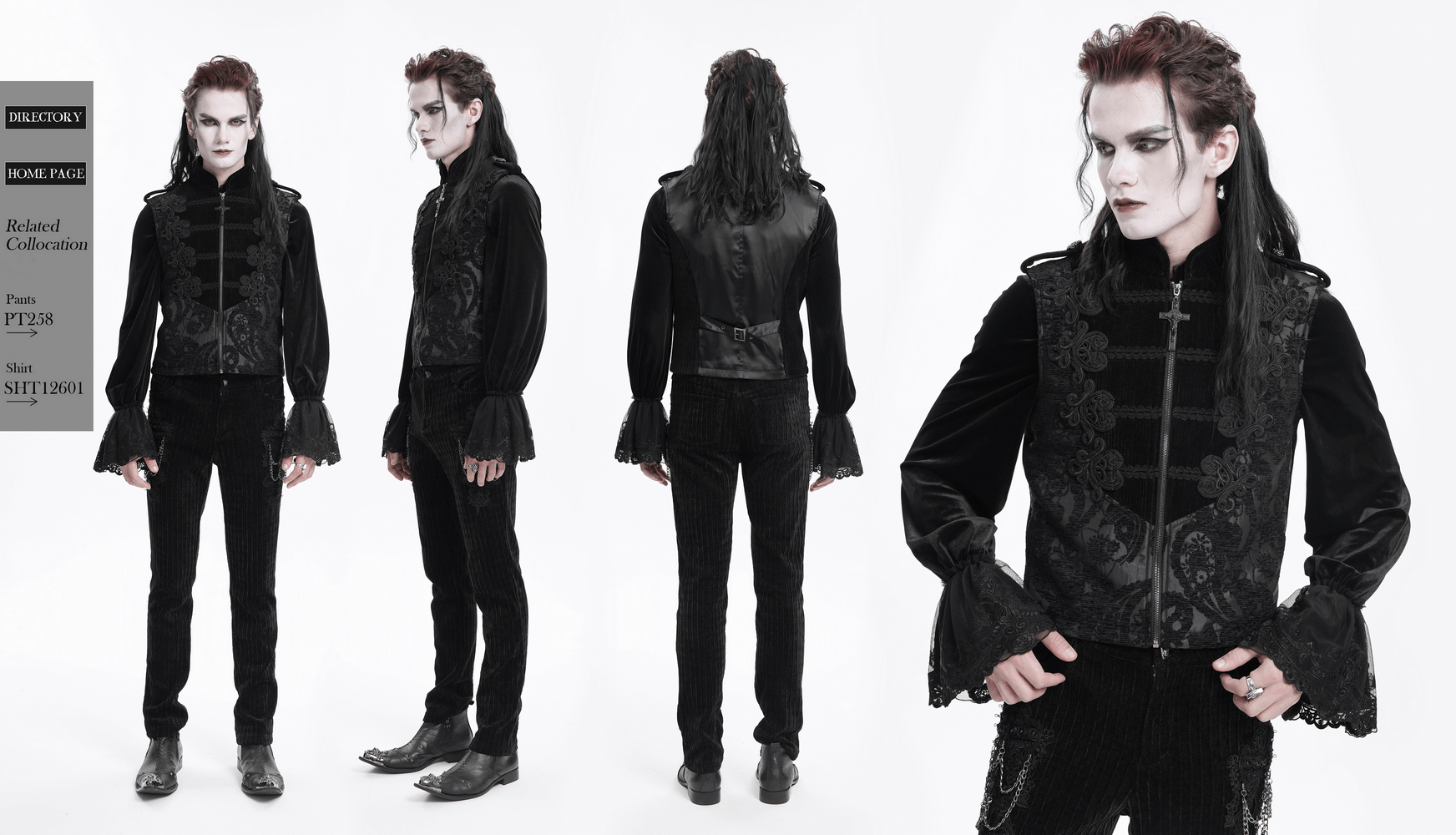 Male model showcasing a black brocade waistcoat with embroidered details, perfect for gothic or formal fashion.