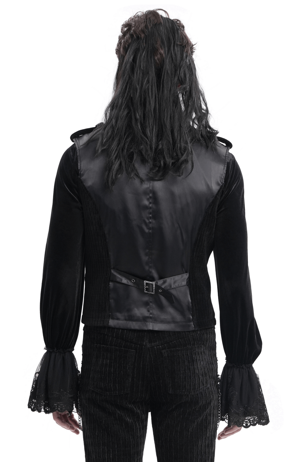 Back view of a stylish black brocade waistcoat featuring elegant lace cuffs and a fitted silhouette. Perfect for gothic fashion.