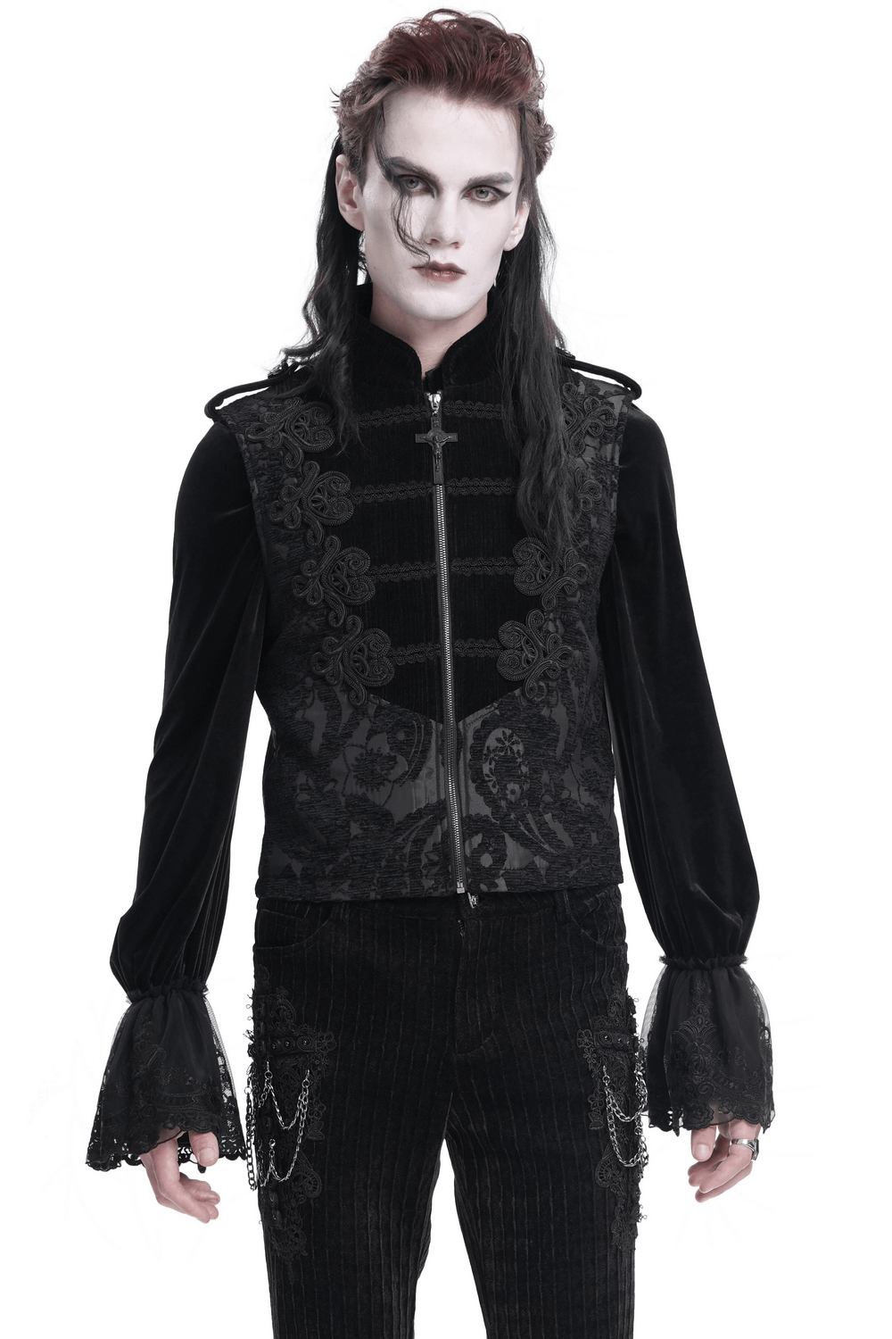 Elegant male model in a black brocade waistcoat with intricate embroidery and high collar, showcasing gothic style.