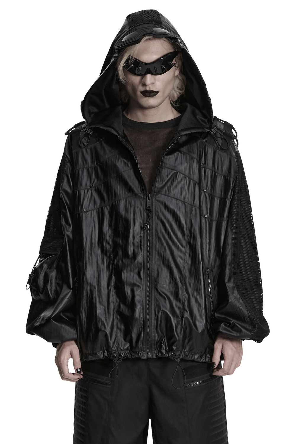 Male Black Cyberpunk Hooded Waterproof Mesh Jacket worn by a model with unique style and accessories.