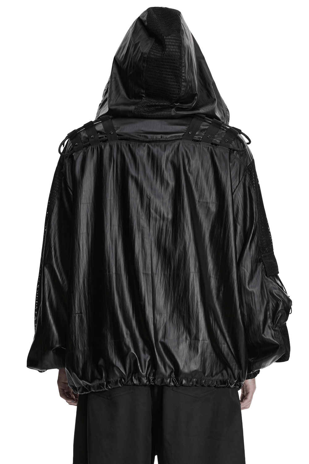 Male Black Cyberpunk Hooded Waterproof Mesh Jacket worn from the back, showcasing its sleek design.
