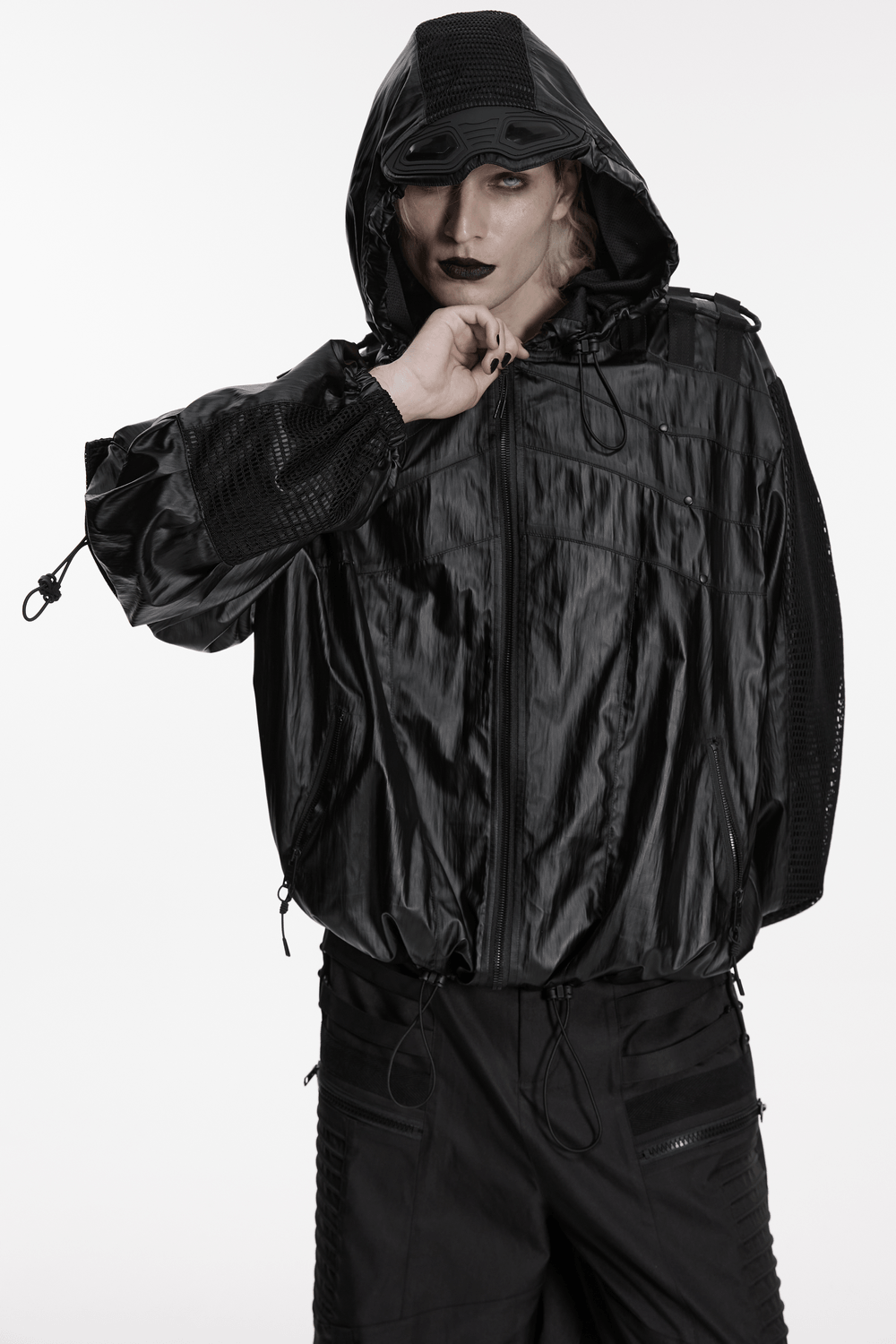 Male Black Cyberpunk Hooded Waterproof Mesh Jacket worn by a stylish model with edgy makeup.