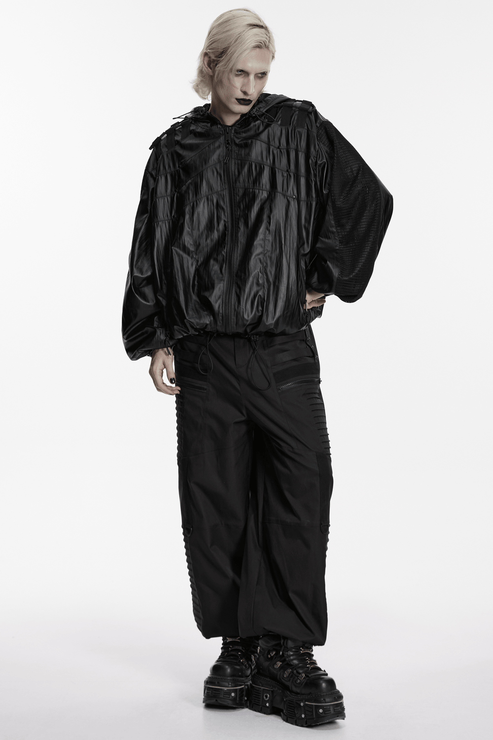 Male Black Cyberpunk Hooded Waterproof Mesh Jacket model wearing stylish streetwear in a neutral background.