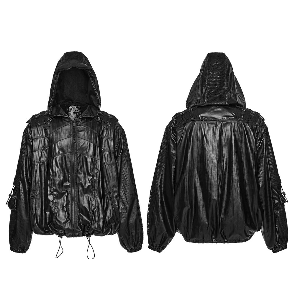 Male Black Cyberpunk Hooded Waterproof Mesh Jacket showcasing sleek design and durability.
