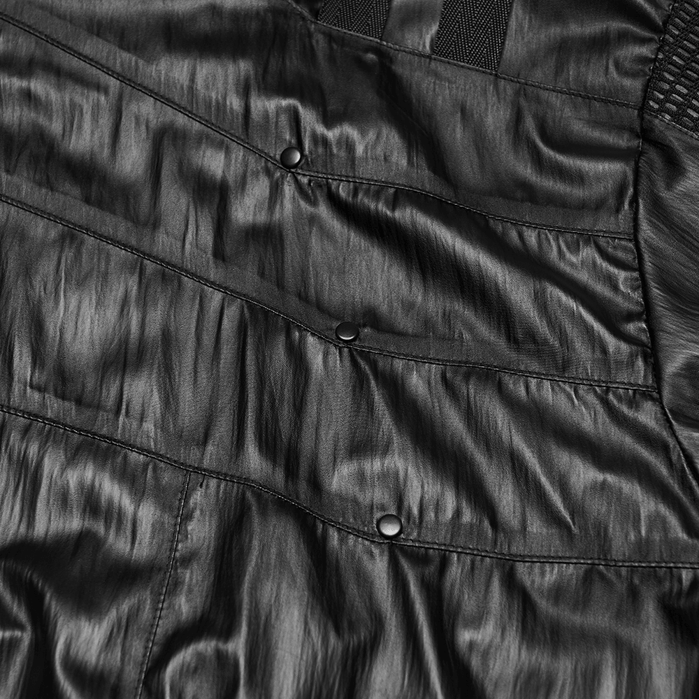 Close-up view of the Male Black Cyberpunk Hooded Waterproof Mesh Jacket showcasing its sleek texture and button details.