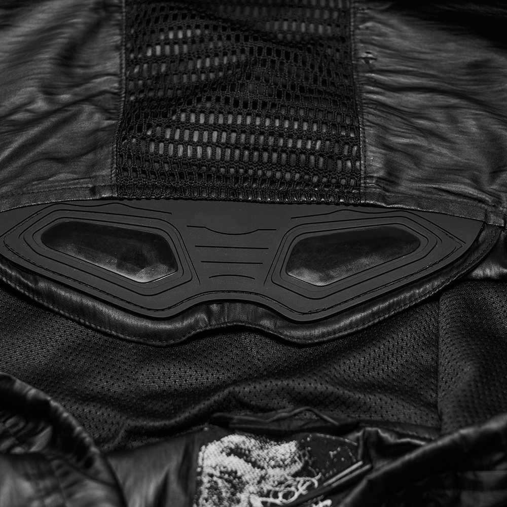 Inside view of Male Black Cyberpunk Hooded Waterproof Mesh Jacket showcasing mesh detail and unique design elements.