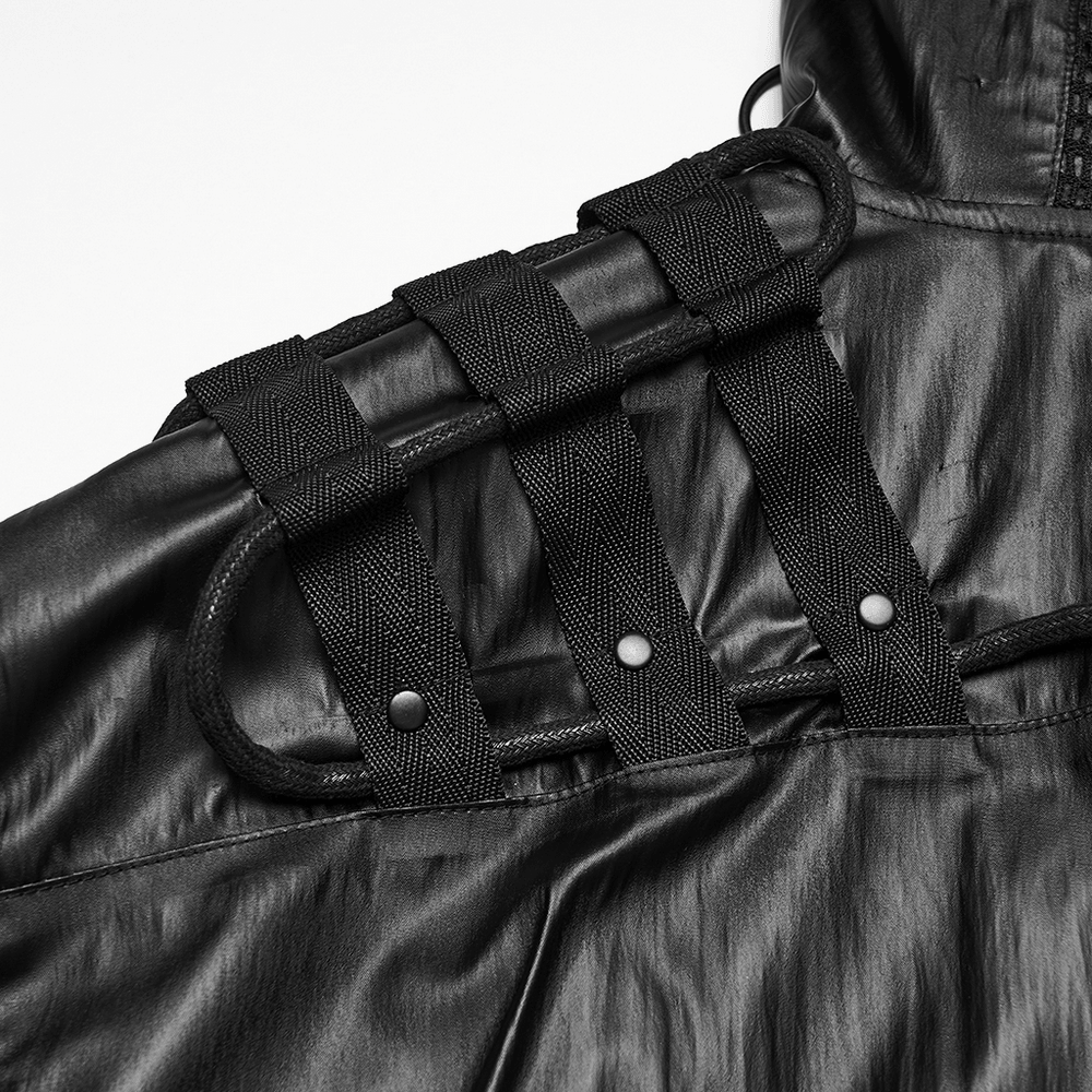 Close-up of the male black cyberpunk hooded waterproof mesh jacket showing detailed straps.